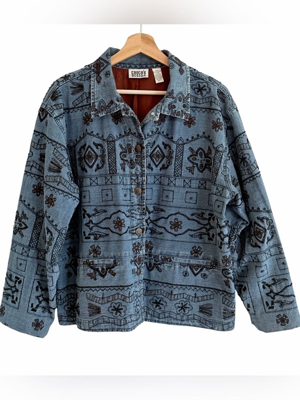 Vintage Chicos Womens Western Demin Beaded Jacket Size 3 Boho Art To Wear Y2K